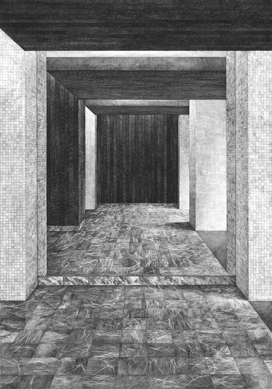 Martinet & texereau, Hall A (miroir), graphite sur papier, 100x70cm